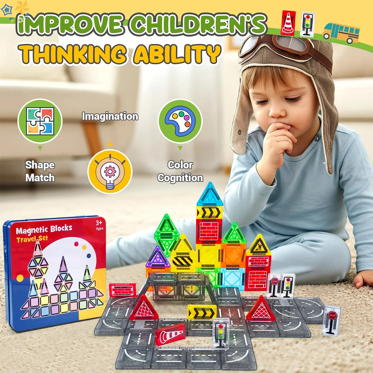 32/64/58PCS 자석 도로 건설 세트 장난감 어린이 선물 자석 블록 몬테소리 교육용 장난감 철제 상자 포함