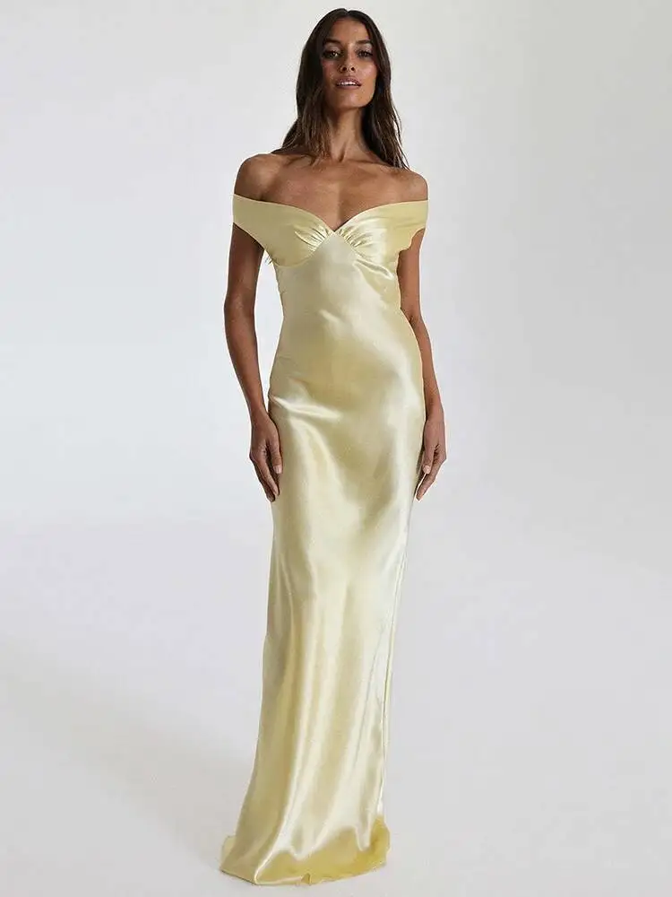 

Satin Off-Shoulder Backless Sexy Maxi Dress Women Gown Fashion Strapless Sleeveless High Waist Club Party Long Dresses