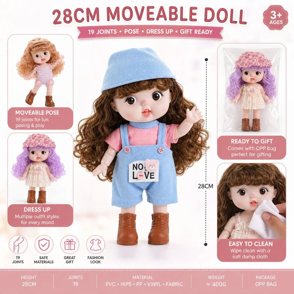 28cm 1/6 Scale Multi Joint Doll 19 Joints Movable Dress-Up Feature Loli Princess Doll Cute Emoticon Face Fashionable Baby Doll