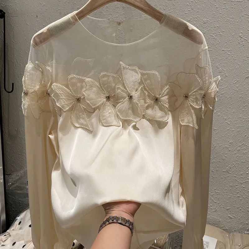 Spring Summer New Temperament Crew Neck Long Sleeve Chiffon Shirt Women Korean Style Loose Beaded Flower Mesh Patchwork Blouse