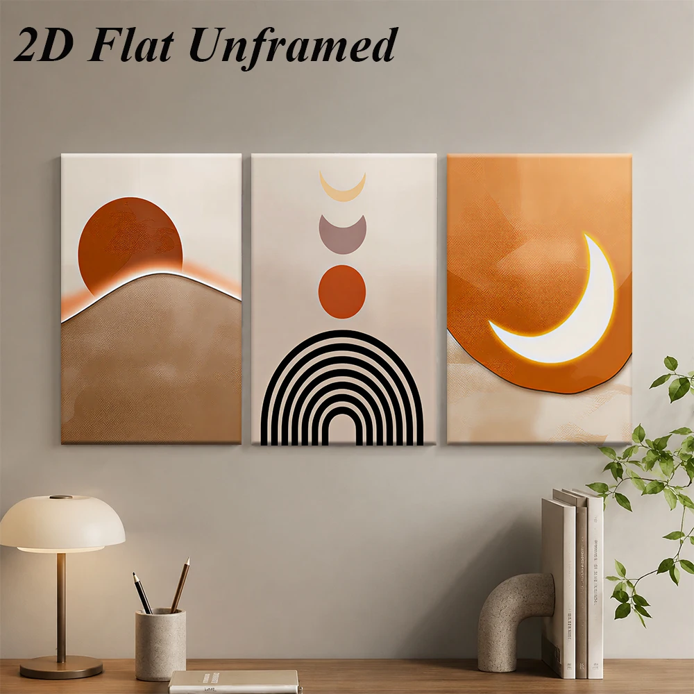1 set of Nordic abstract triptych frameless decorative paintings Morandi color scheme Sun Moon Mountains 2D plan