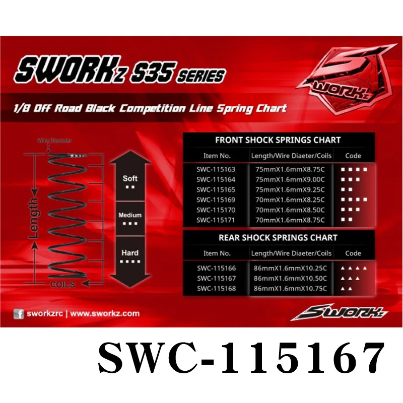 SWORKz S35 Black Warrior Rear Shock Absorber Spring 3 Points - Long 86X1.6X10.5 SWC-115167