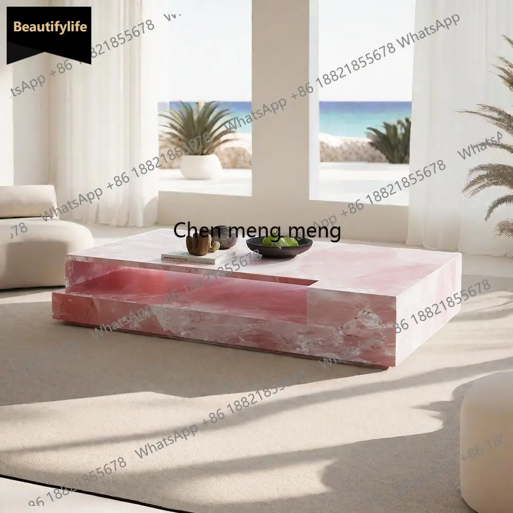 C85 "Pink Jade Marble Coffee Table - Luxury Slate Stone Rectangular Designer Tea Table Custom Living Room Centerpiece"