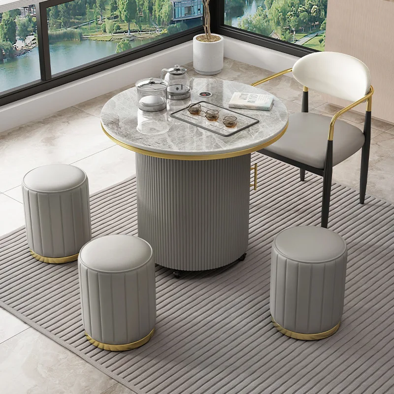 Light luxury rock slab balcony tea table and chair combination modern leisure home mobile round mini small tea table tea cart