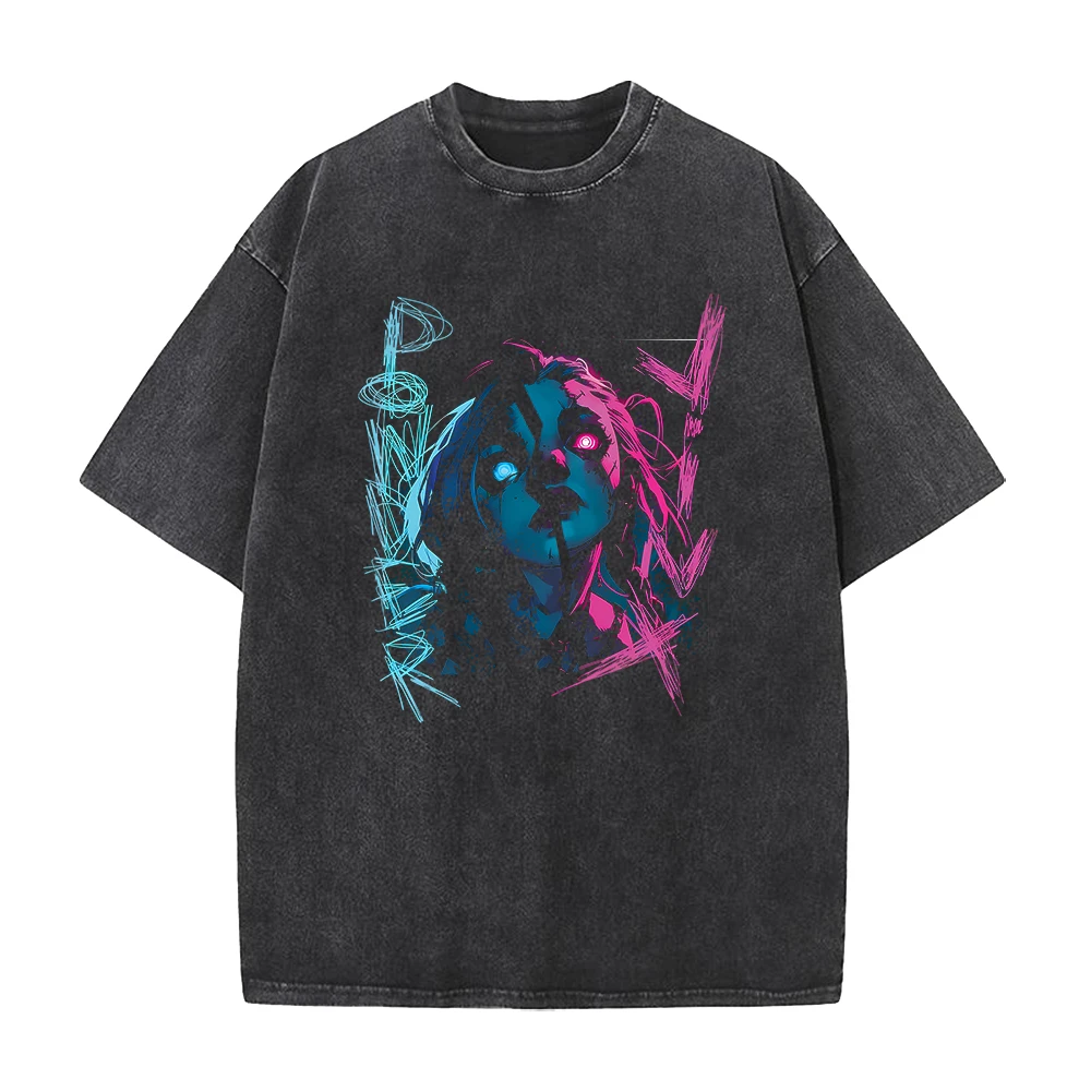Anime Arcane Jinx Kawaii Graphic Printed T Shirt Men Women Vintage Oversized T-shirts Washed Cotton Tee Harajuku Male Tshirt