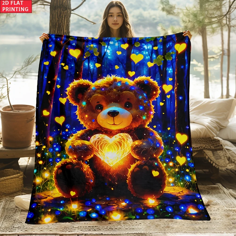 1pc, Luminous Bear Printed Outdoor Blanket - Lightweight Flannel Used for Sofa, Travel, Livingroom, Office, Couch, Chair and Bed