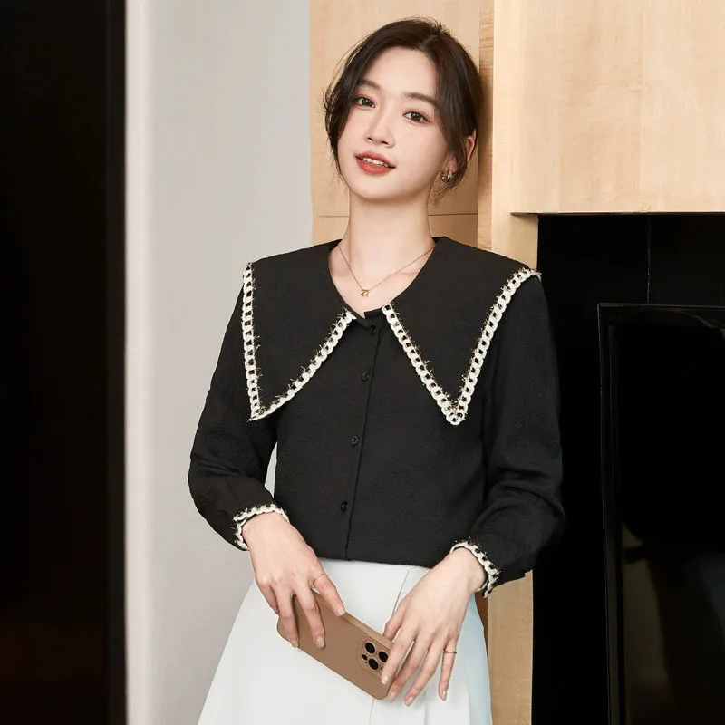 2025 New Fashion Women's Chiffon Blouse High End Large Pointed Collar Jacquard Shirts Female Versatile Stylish Long Sleeve Shirt