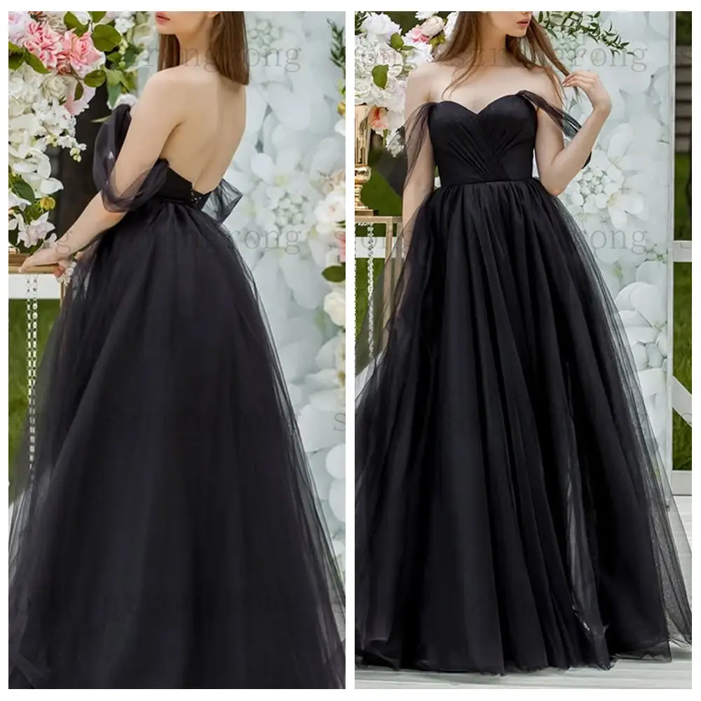 

customization Sweetheart A-Line Tulle Evening Dresses Long Off The Shouler Backless Pleat Simple Long Black Party Dress