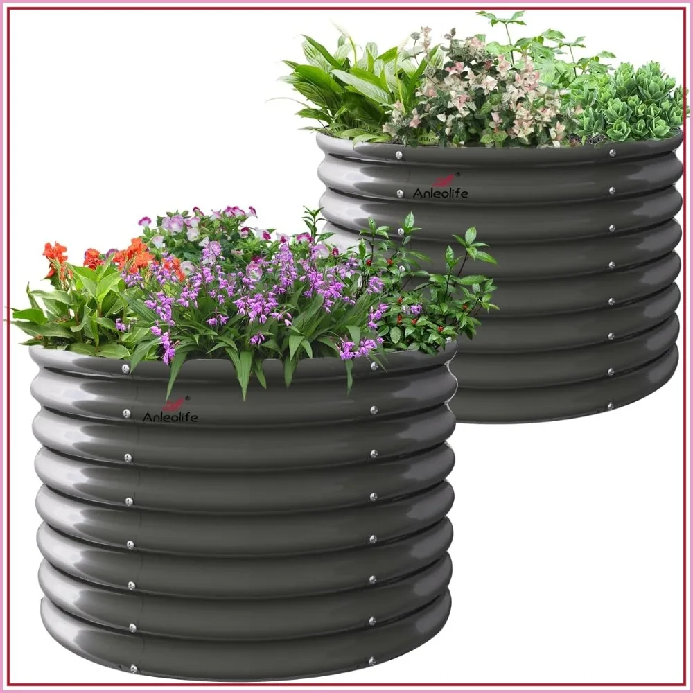 2-Pack 3ft x 24in Round Raised Garden Beds, Quartz Grey