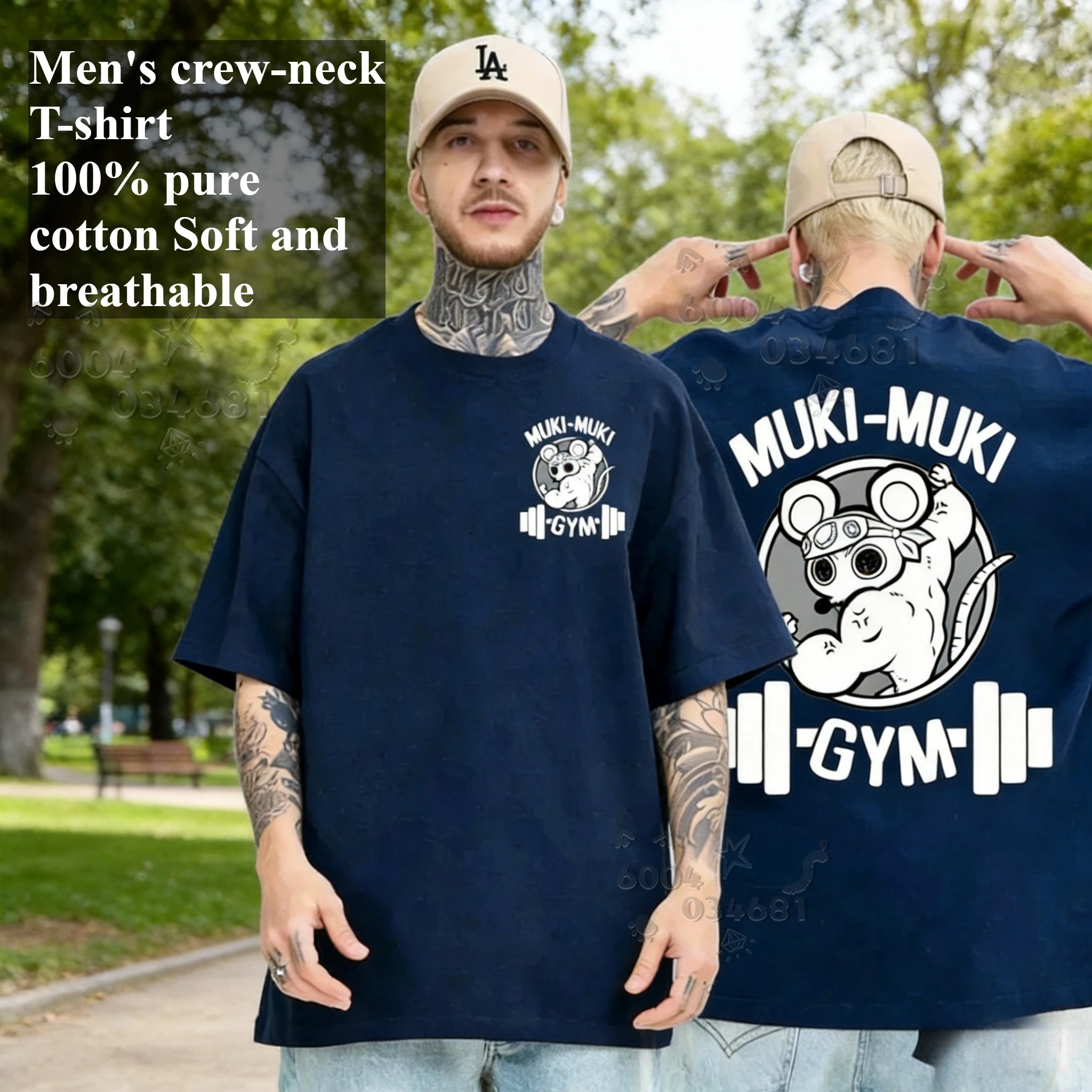 Men's casual T-shirt - American retro Usui Tenggen Laughing Ninja Mouse Pattern - Loose round-neck comfortable pure cotton shirt
