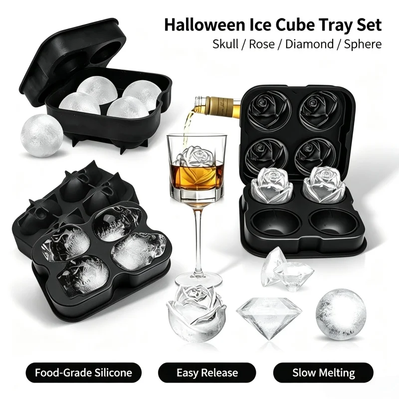 Halloween themed homemade silicone ice grid skull rose diamond ice block whiskey ice hockey cake mold