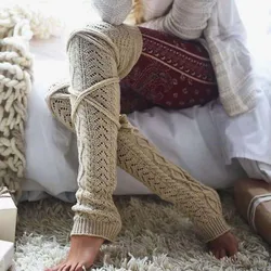 Women Leg Warmers Knitted Stockings Autumn Winter Wool Lace Up Over The Knee  Socks For Women Stockings Sexy Student Long Socks