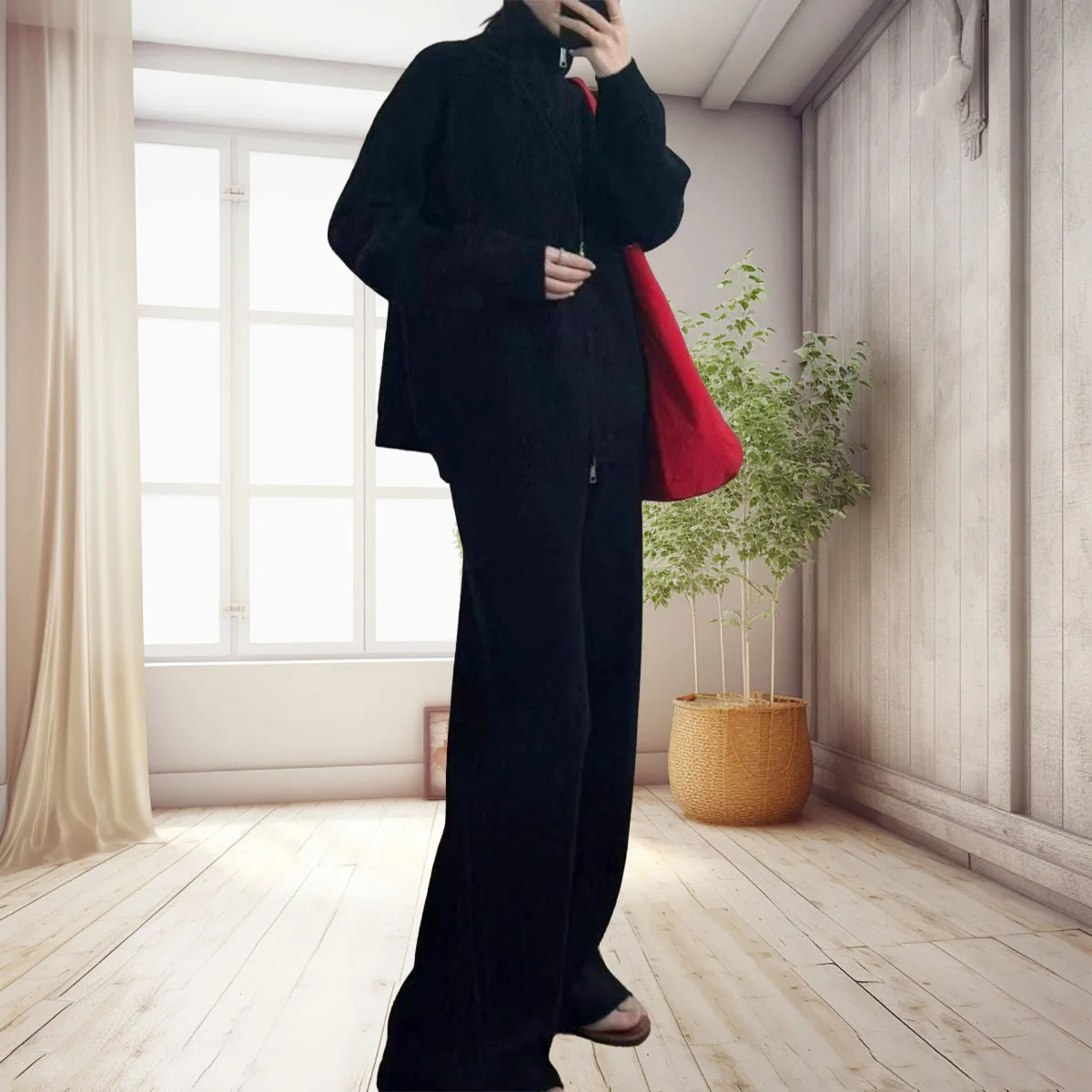 

Korean Knitted Set Women's Long Sleeve Zipper Sweater cardigan Casual Pants Two Piece Set