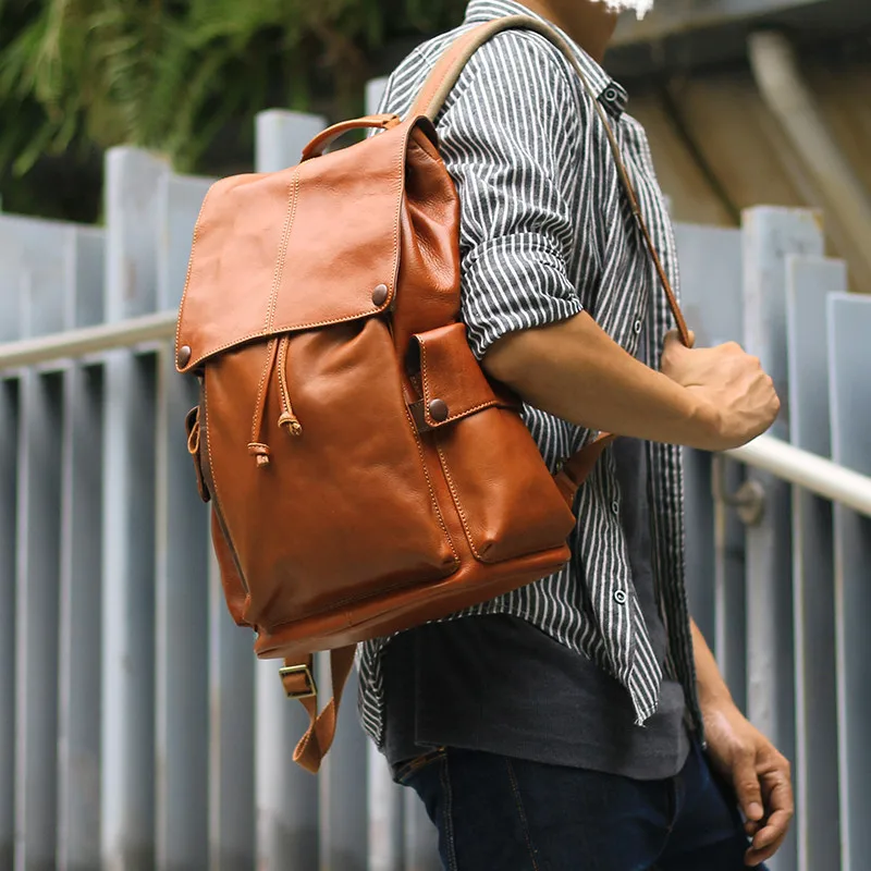 Retro fashion high quality natural genuine leather student school bag outdoor travel men large capacity backpack laptop bagpack