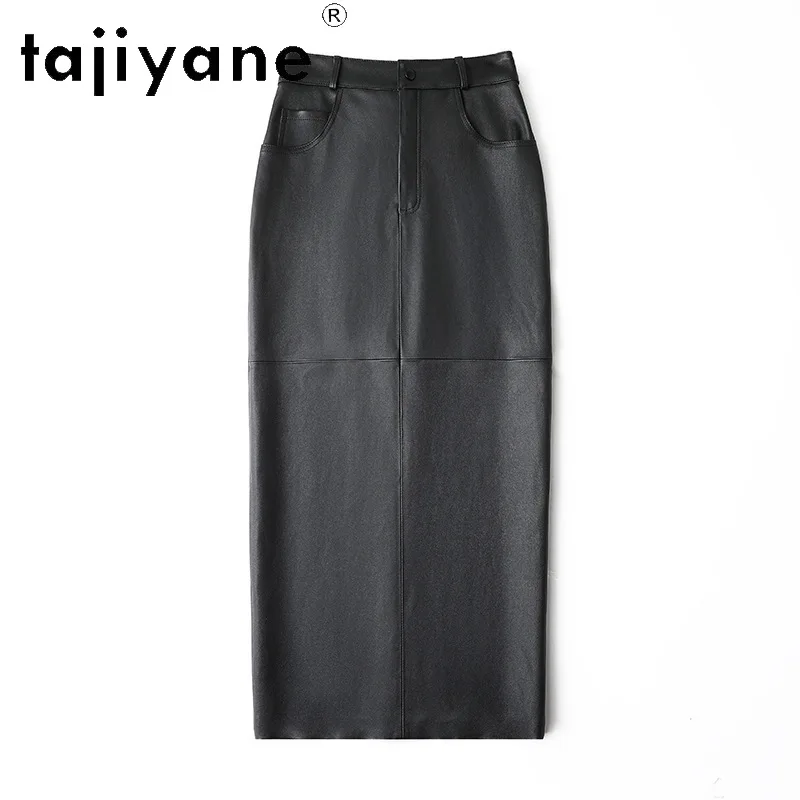 TAJIYANE Genuine Leather Skirt Stretch Sheepskin Women's Skirts Slit Bodycon Skirts Black Pencil Long Skirts for Woman Mid Waist