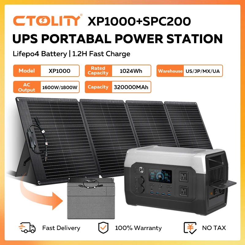 

CTOLITY 1600W Solar Generator With 200W Solar Panel 1024Wh Emergency LiFePO4 Battery Power Station UPS Battery Backup MPPT RV