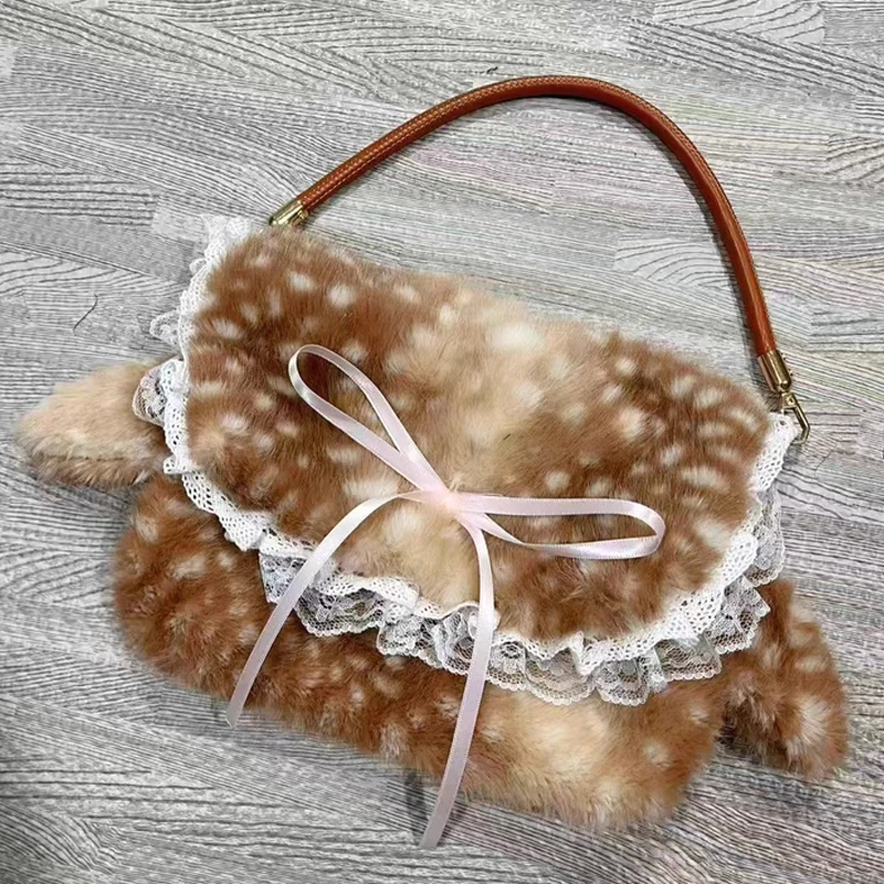 

Korean Fashion Faux Fur Underarm Bags For Women Luxury Designer Handbag Purse 2025 New In Leopard Print Bow Small Plush Shoulder