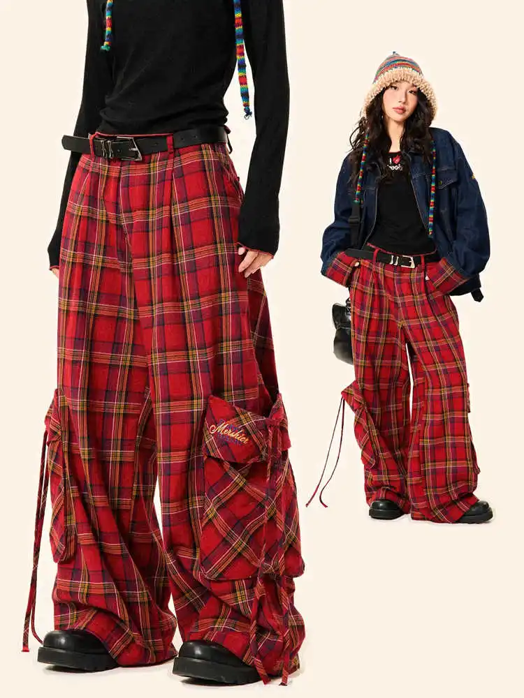 

Jeans Women Red Vintage High Waisted Straight Denim Trouser Y2K 90s Hip hop American Streetwear Wide Leg Classic Denim Pants