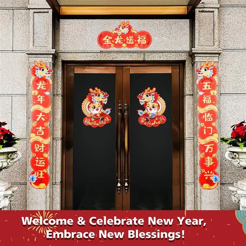 34Pcs Chinese New Year Spring Festival Couplets Decals Includes Chunlian Year of Dragon Door Stickers Fu Character Ornaments