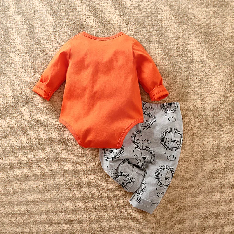 Animal - Orange lion print long sleeve with pants cotton fashion set，0-18 months Newborn Baby boy Spring and Autumn Round Neck