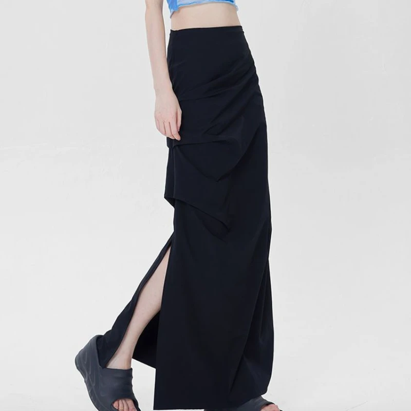 우아한 분위기의 A 워드 오버 스커트, 툴링 사이드 슬릿 롱 스커트, 용수철 여름 패션 통근자 여성 원피스