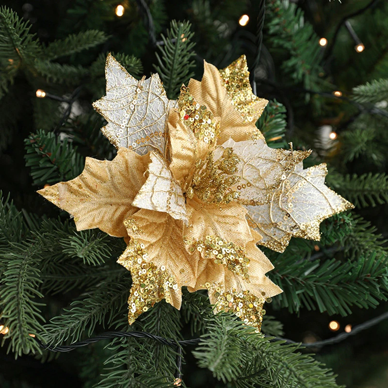 Flores artificiales de Navidad para decoración del hogar, 2 piezas, árbol de Feliz Navidad, flores falsas