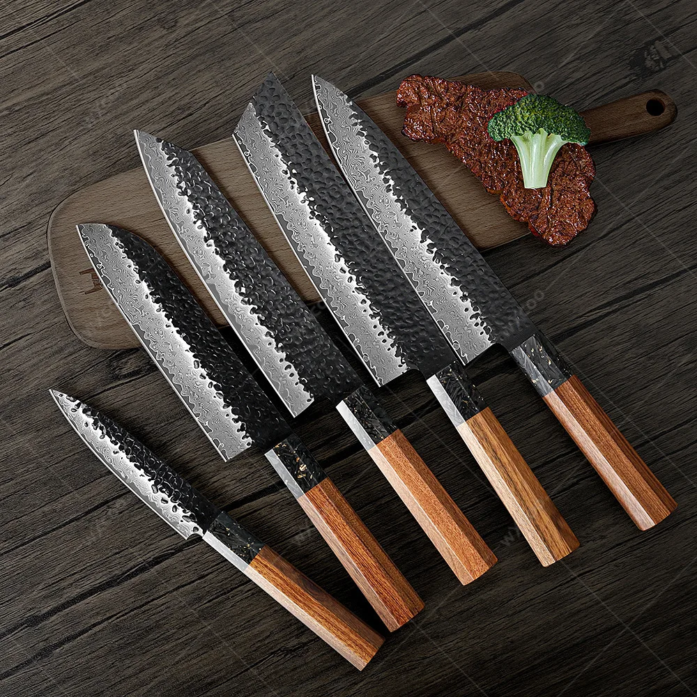 

WXCOO VG10 Damascus Steel Chef's Knife Hammered Pattern Kitchen Meat Cleaver Japanese Salmon Sashimi Knife Slicing Knife