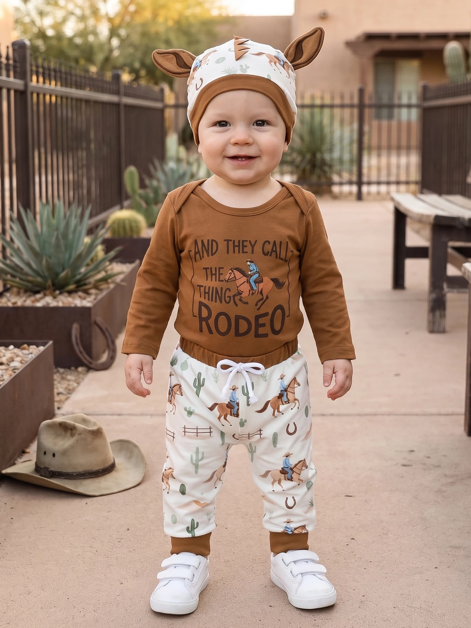 Long-Sleeve-Romper Sleeve Romper Pants Western-Outfit-Printed Pants Ears Romper Pants Hat Baby Boy