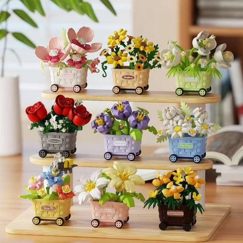 Flower cart surprise blind box DIY flower basket building blocks rose flowers sunflower assembly suitable for girls and women's