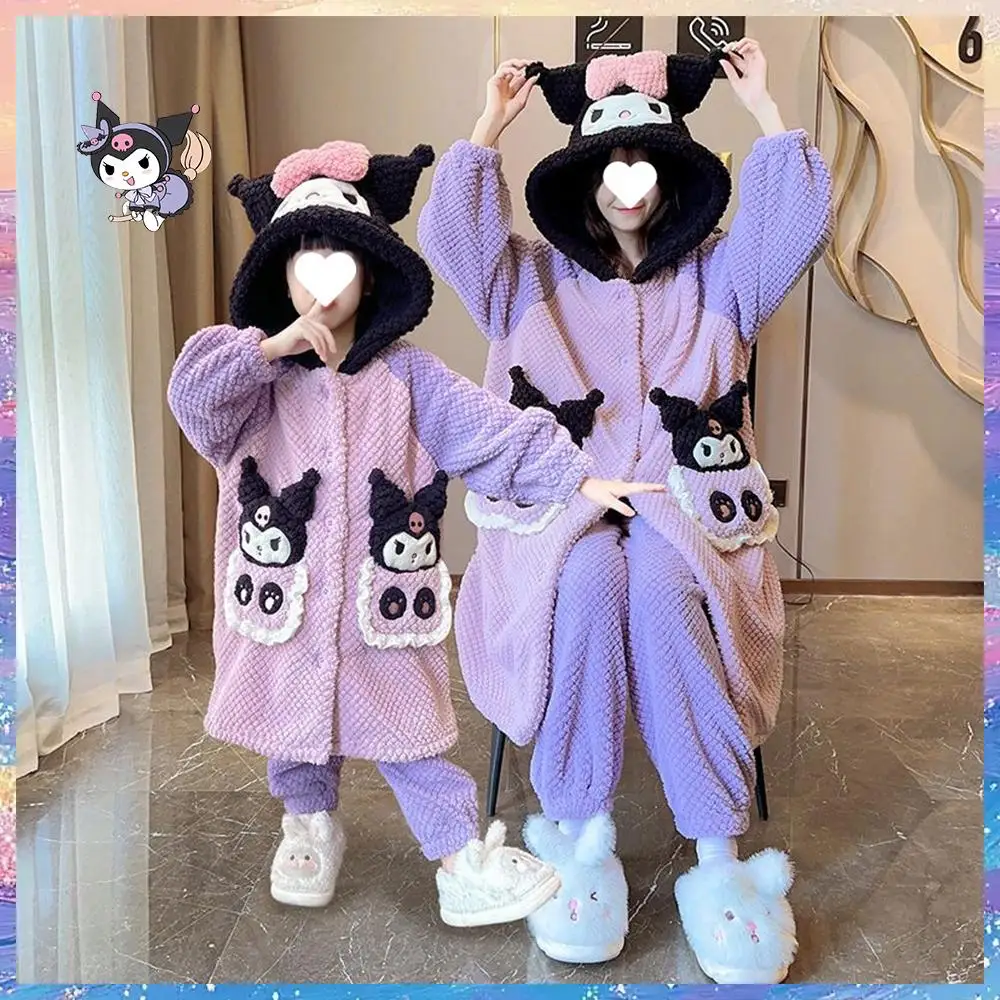 Winter Cartoon Kuromi Melody Parent-Child Plush Pajamas Robe Pants Anime Sanrio Kawaii Girl Long Warm Thicken Hooded Home Wear