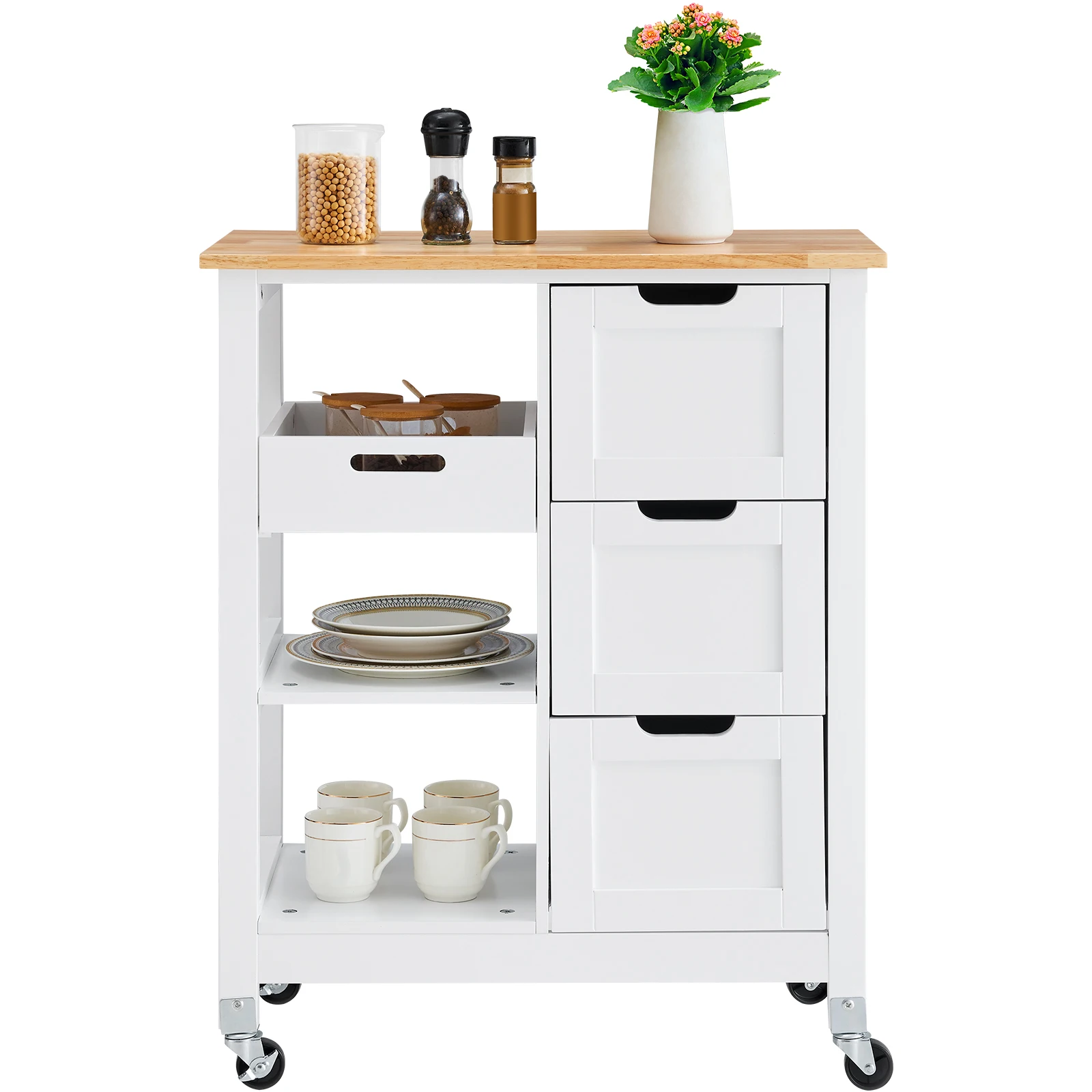 VEVOR Kitchen Island Cart Wood Top Mobile Breakfast Bar Rolling Kitchen Table with Drawers and Shelves Portable Island on Wheels