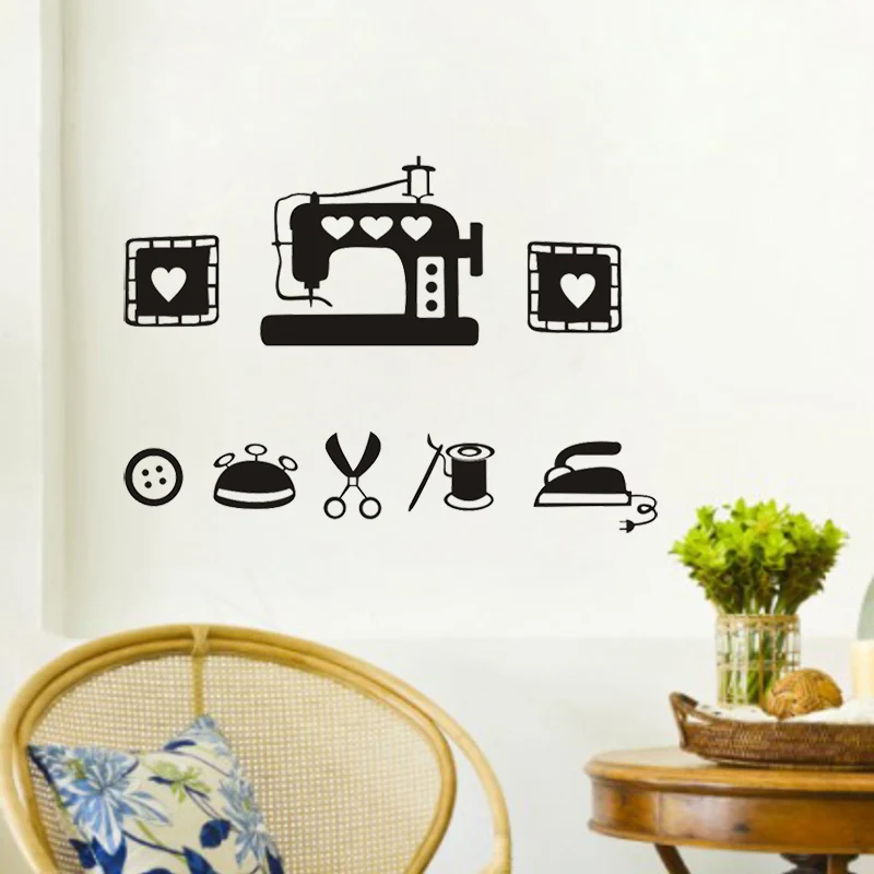 Sewing Machine Heart Icons Wall Decal, Needle Thread Scissors Sticker for Craft Room, Self-Adhesive Vinyl Home Decor Art Quilter