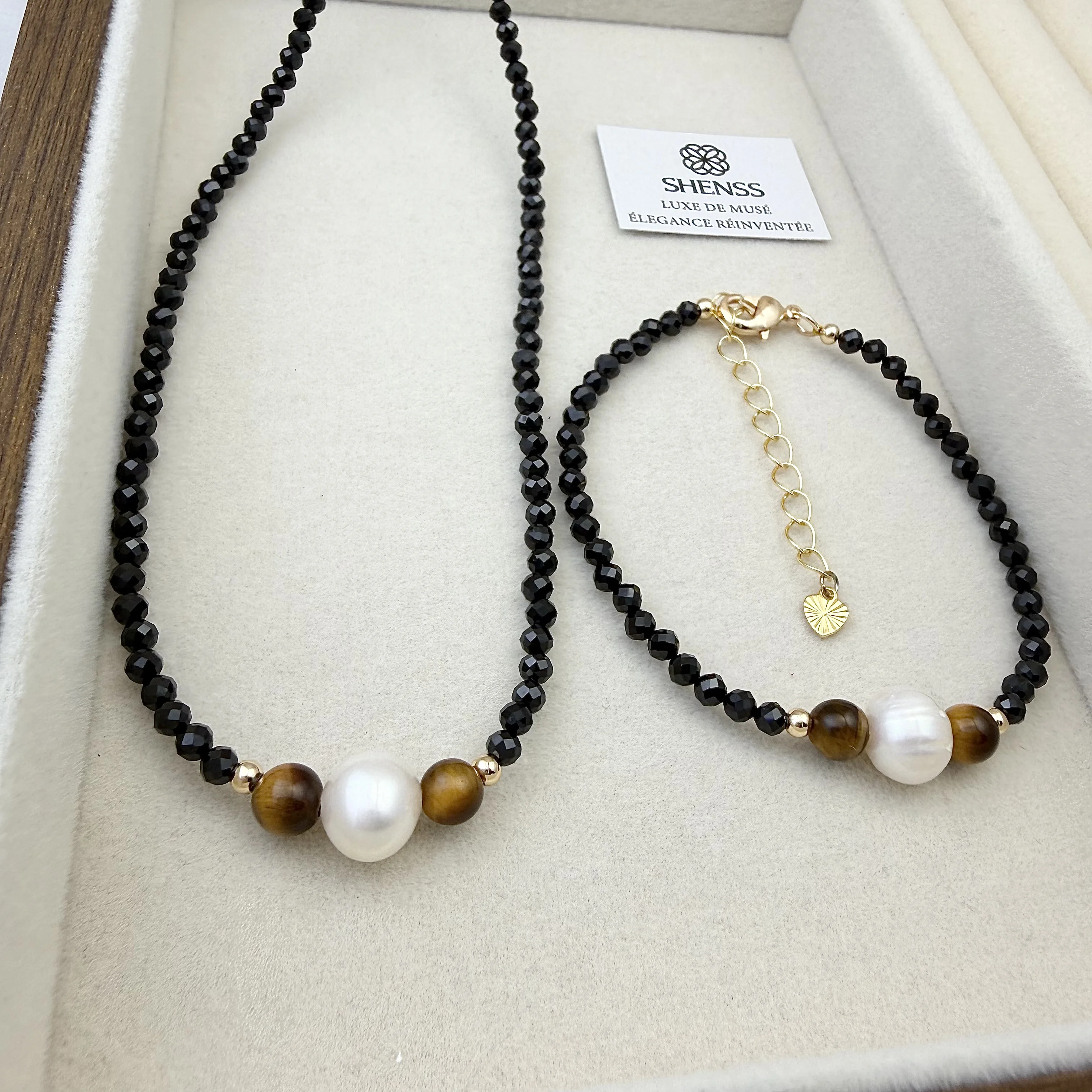 Black Spinel, Tiger's Eye & Pearl Jewelry Set | Edgy Luxury Necklace & Bracelet | Elegant Versatile Gift for Her