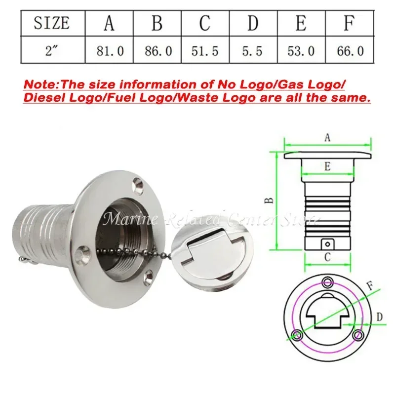 45/90 Degree Stainless Steel 316 Deck Filler Cap GAS DIESEL FUEL WASTE WATER 50mm(2inch) Marine Boat Yacht Hardware Deck Filler