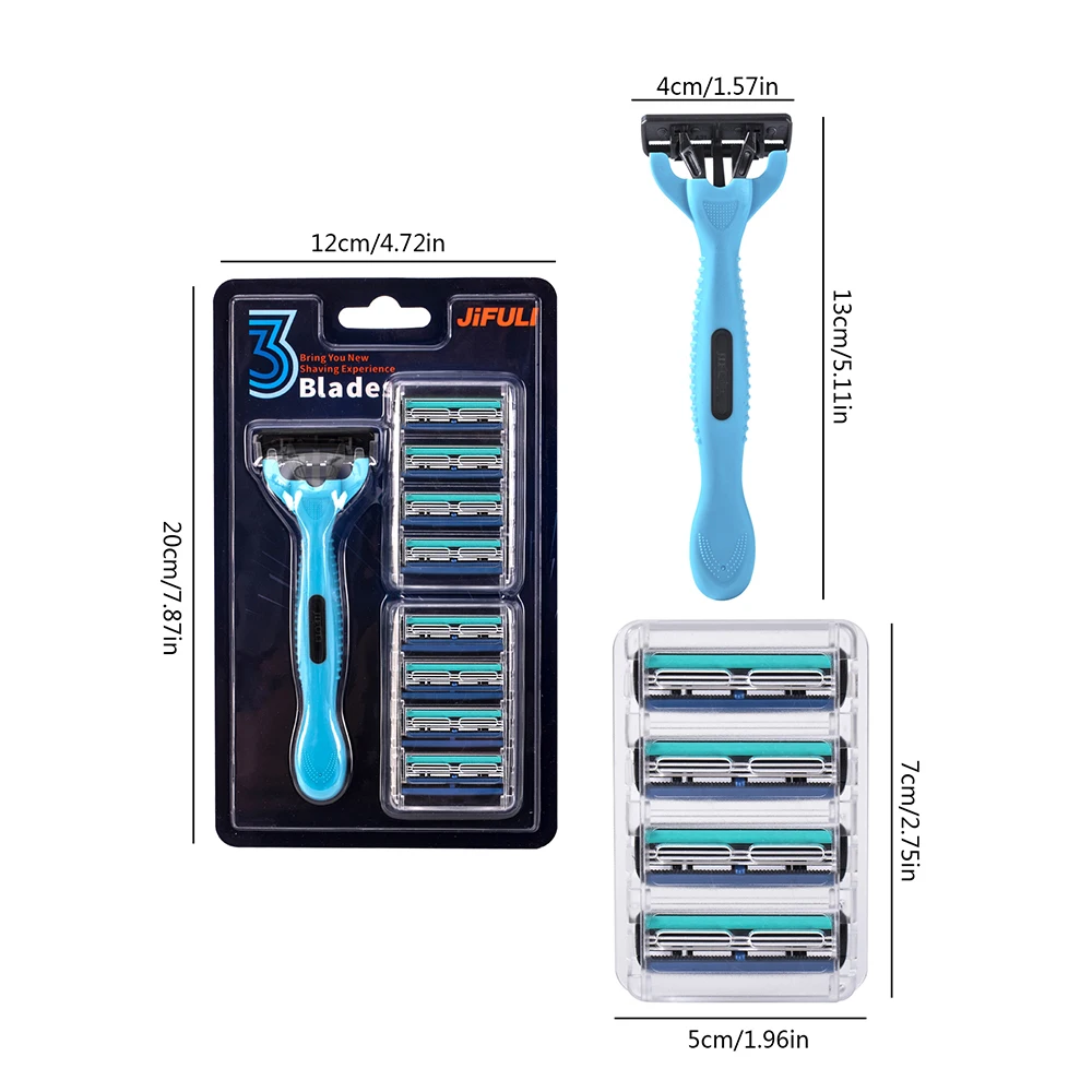 Blue Razor Blades Men 3Layers Plastic Stainless Steel Manual Shaver Head 9 Shaving Accessories Refills 1 Versatile PVC Holder