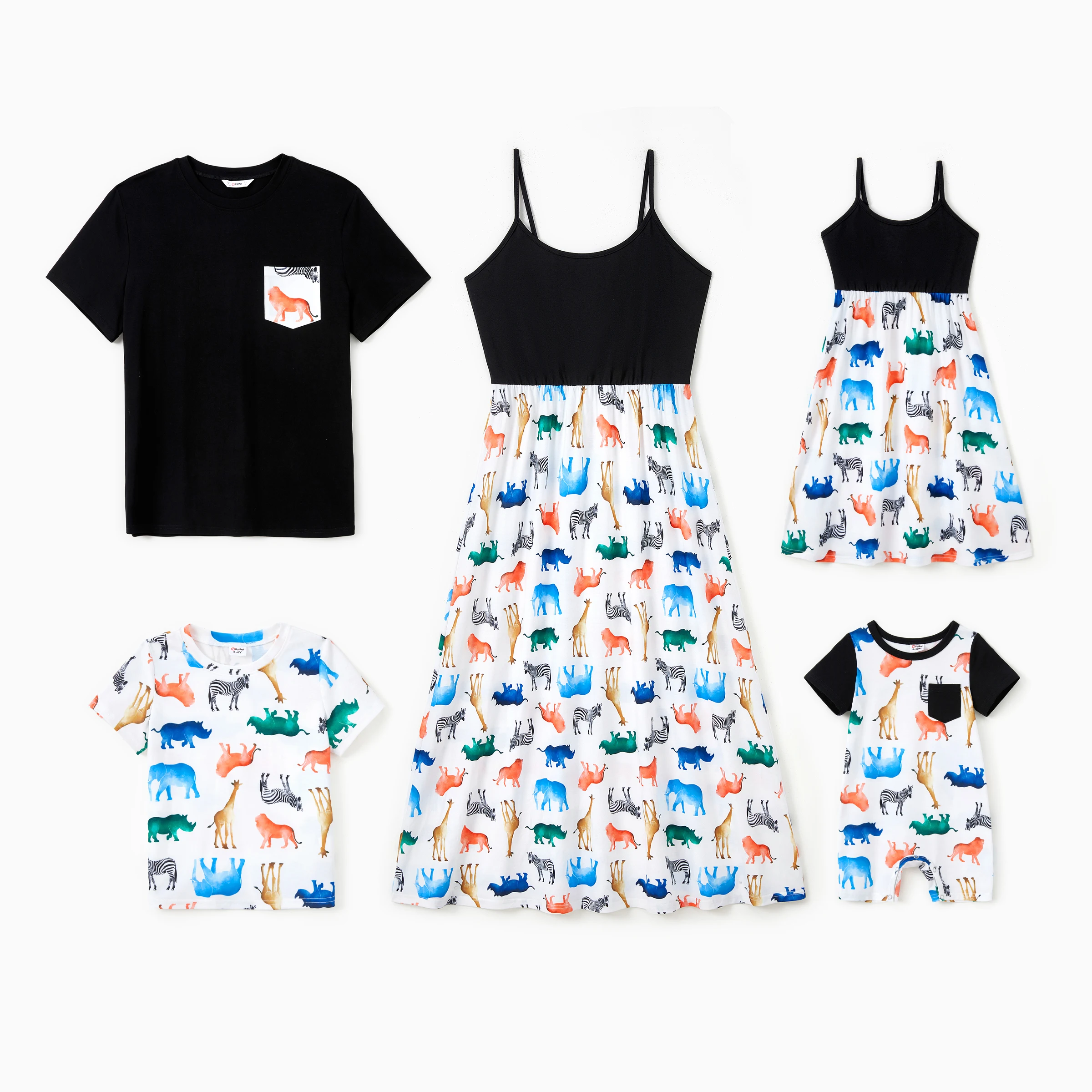 PatPat Family Matching Sets Black/Animal Allover Tee or Black Cami Top Spliced Colorful Animal Pattern Bottom Strap Dress