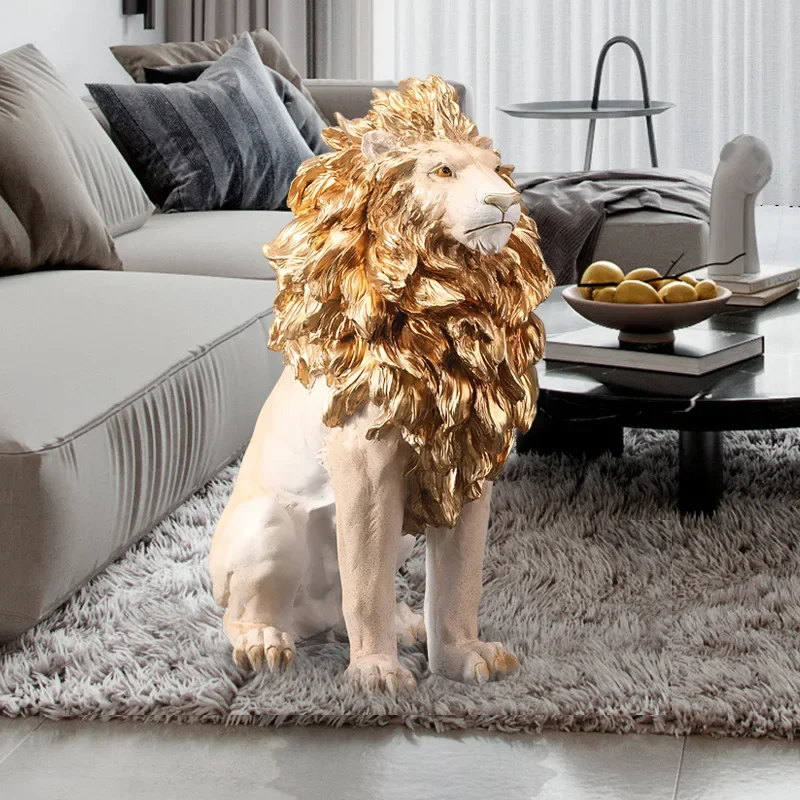 Golden Lion Statue Floor Home Decor Art Big Resin Sculpture New Year 2022 Indoor Large Luxury Ornament Sculpture Modern