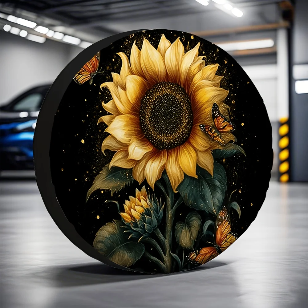 1pc 2D Flat Printing Tire Covers Sunflower Butterfly 100% Polyester Without Electricity Travel Applies To Jeep Tire Covers, 2D F