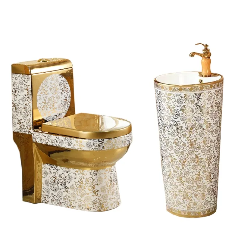 

Bathroom golden toilet with pedesl basin ceramic washdown/siphonic plated toilets set gold