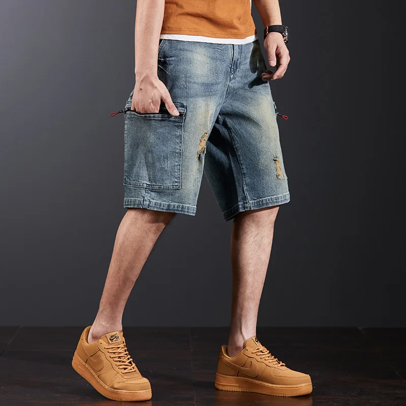 2025 summer new style Men's stretch casual denim shorts Men's multiple pocket ripped zipper denim shorts Large size 42 44