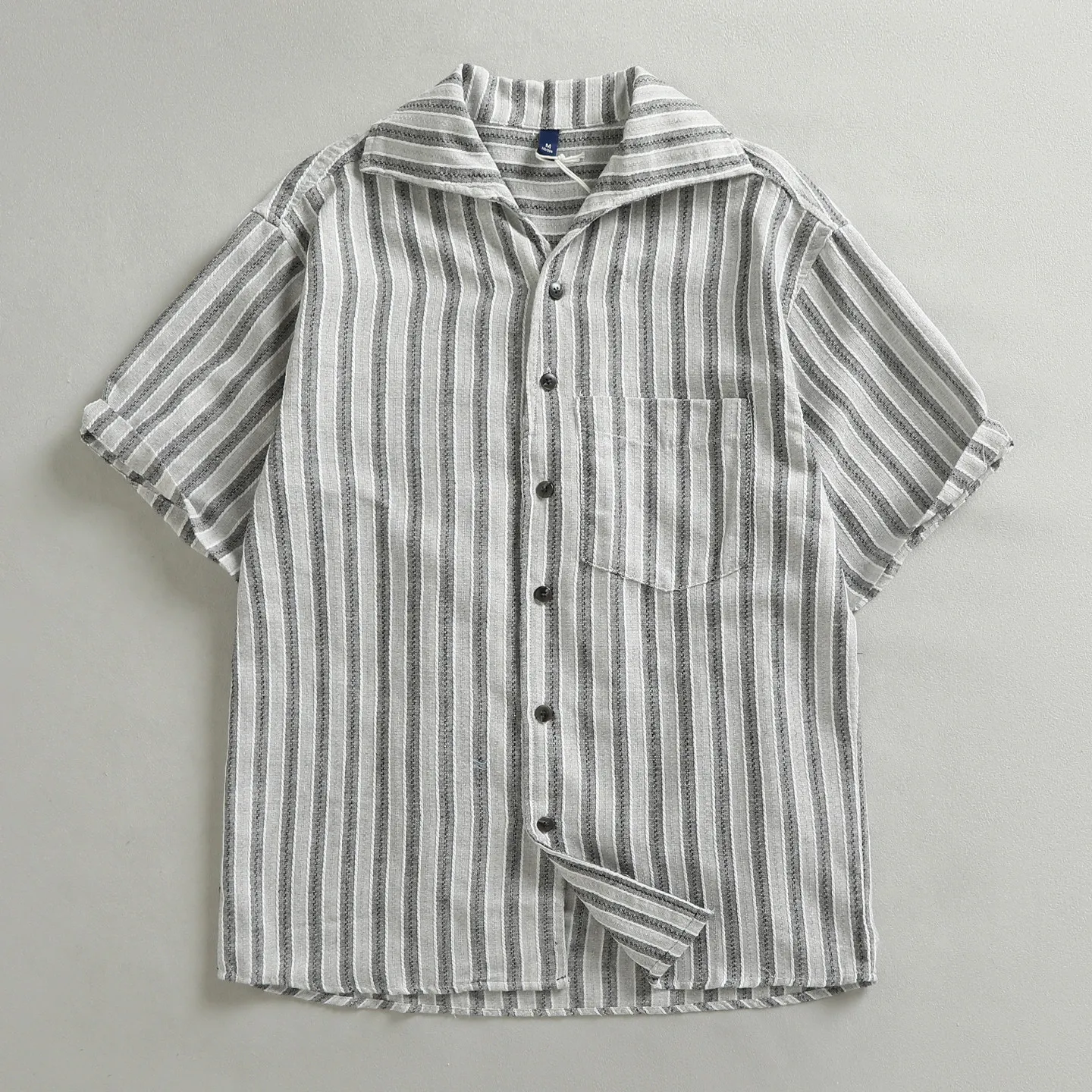 Vintage Cuban Collar Vertical Striped Short Sleeve Shirt Men Single Pocket Loose Fit Casual Button Down Shirts