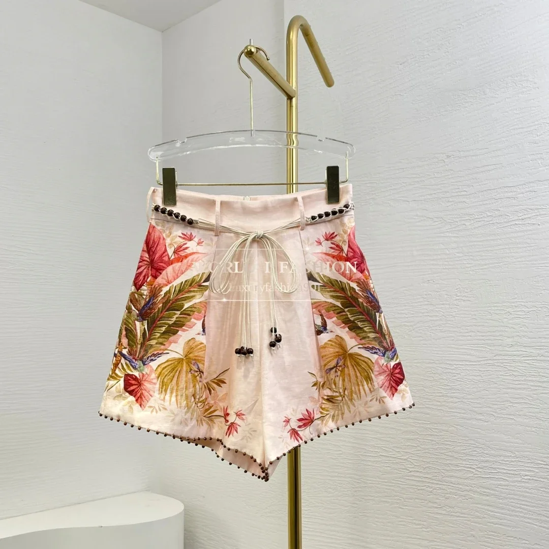

2025 Linen High Quality Cream Colored Palm Tree Flower Print Short Sleeve Blouse Tops and Shorts Set
