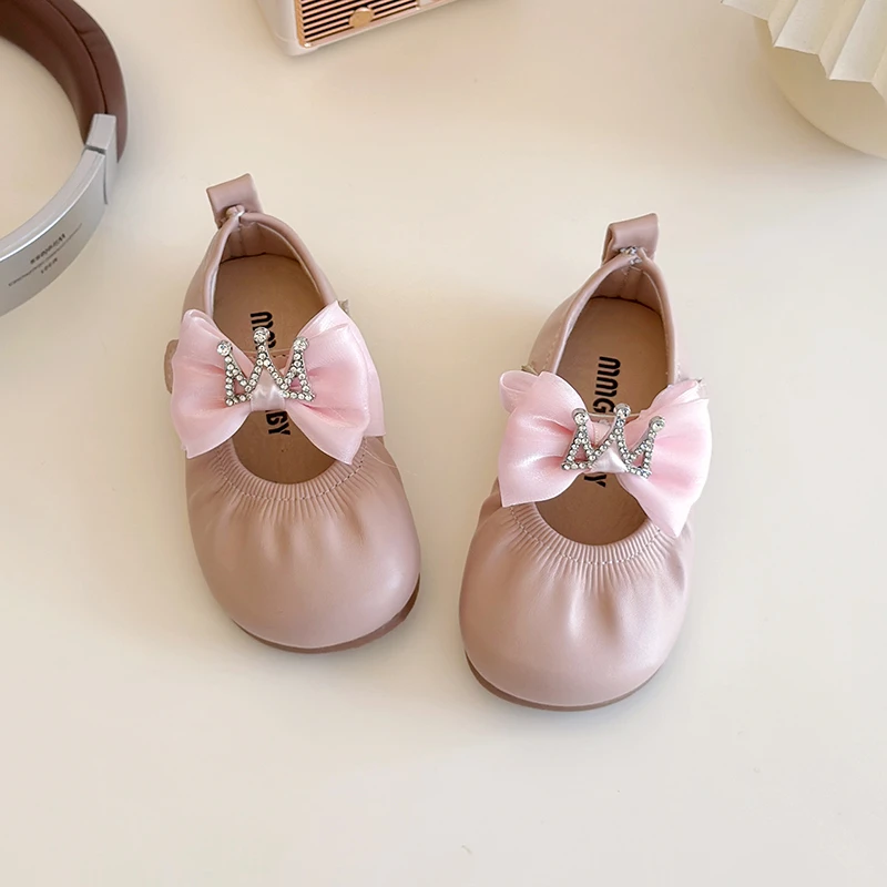 Toddler Girl Flats Shoes Fashion Children's Crown Bow Princess Shoes Kids Soft Sole Pleated Casual Shoes for Party Wedding Korea