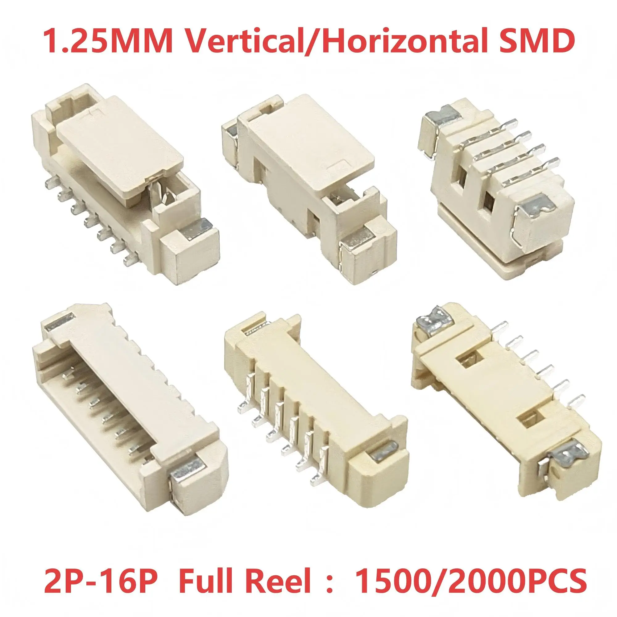 1.25mm Pitch 2-16P Vertical/Horizontal SMD Connector, Wire to Board Terminal Plug Female Socket, High Temperature Resistant Reel