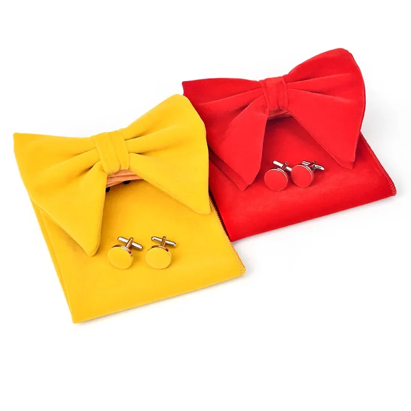 12x10.5CM Large Bow Tie Set Men's Banquet Velveteen British Solid Color Pocket Towel Cufflinks Oversized Bowtie Three-Piece Sets