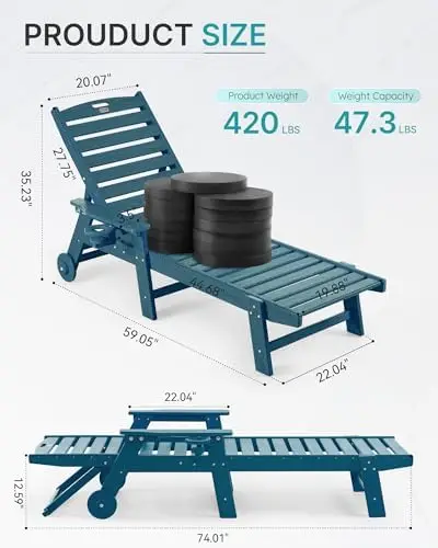 Chaise Lounge Chair Outdoor with Wheels, Oversize Patio Lounge Chair with Wood Texture, 5-Position Plastic Lounge Chair