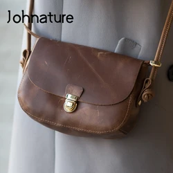 Johnature Retro Handmade Crazy Horse Leather Women Small Bag 2024 New Simple Nature Soft Cowhide Shoulder Messenger Bags