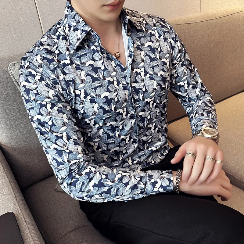 

2024 Men's Long Sleeve Shirts Casual Fit Business Formal Dress Social Printed Elegant Spring and Autumn Quality Blouses E87