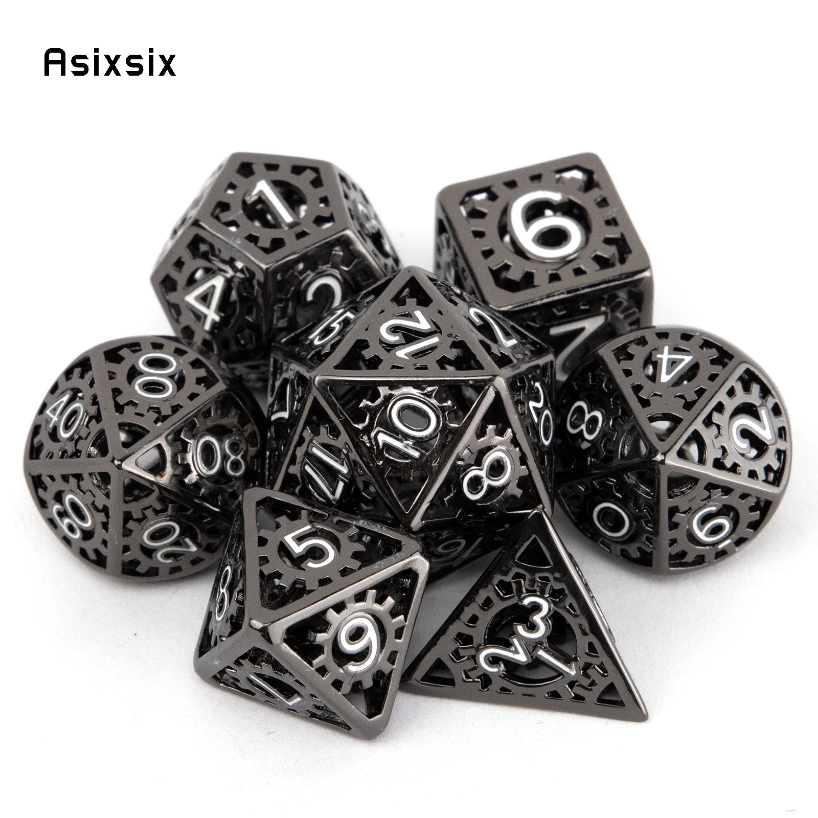 

7 Pcs Black White Gear Wheel Metal Dice Hollow Metal Polyhedral Dice Set Suitable for Role-Playing RPG Board Game Card Game