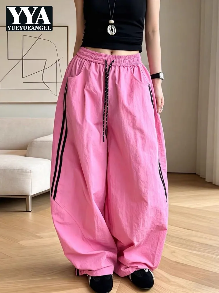 New Women Summer Thin Loose Quick Drying Pant Elastic Waist Casual Full Length Trousers Korean Style Wide Leg Drawstring Pants